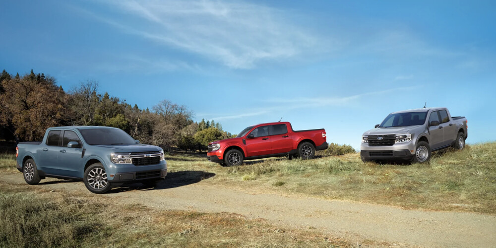 Three pickup trucks in blue, red, and gray are parked on a grassy hill under a clear blue sky. Trees border the background, conveying an outdoor, adventurous feel.